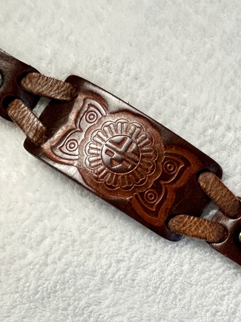 Fossil Tooled Leather Link Belt Southwestern Boho Large Size 34-38" - Picture 9 of 10